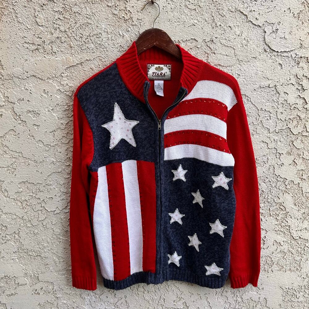 Vintage Tiara International Sequin American Flag Zip Sweater Size S